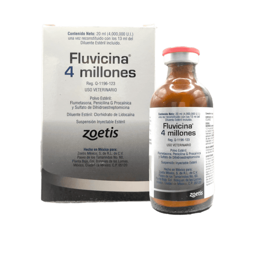 Frasco de Fluvicina 4MUI de 20ml, antibiótico y antiinflamatorio para caballos y ganado con efecto anestésico