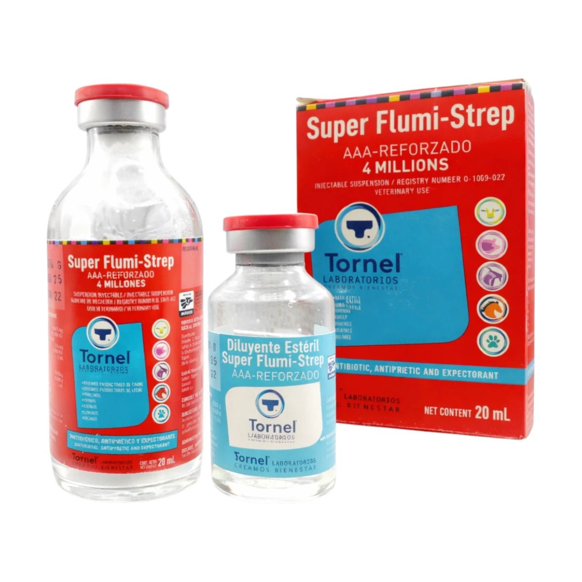 Frasco de Super Flumi Strep AAA Reforzado 4MUI de 20ml, antibiótico y antiinflamatorio inyectable para uso veterinario en perros, bovinos, porcinos, caprinos, ovinos y caballos. Tornel
