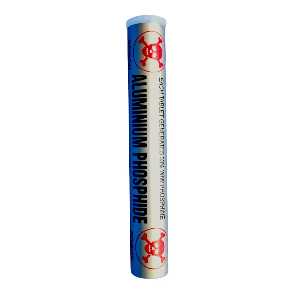 Tubo de Fumino 56% con tabletas fumigantes de fosfuro de aluminio, usado para controlar insectos en granos y almacenes.
