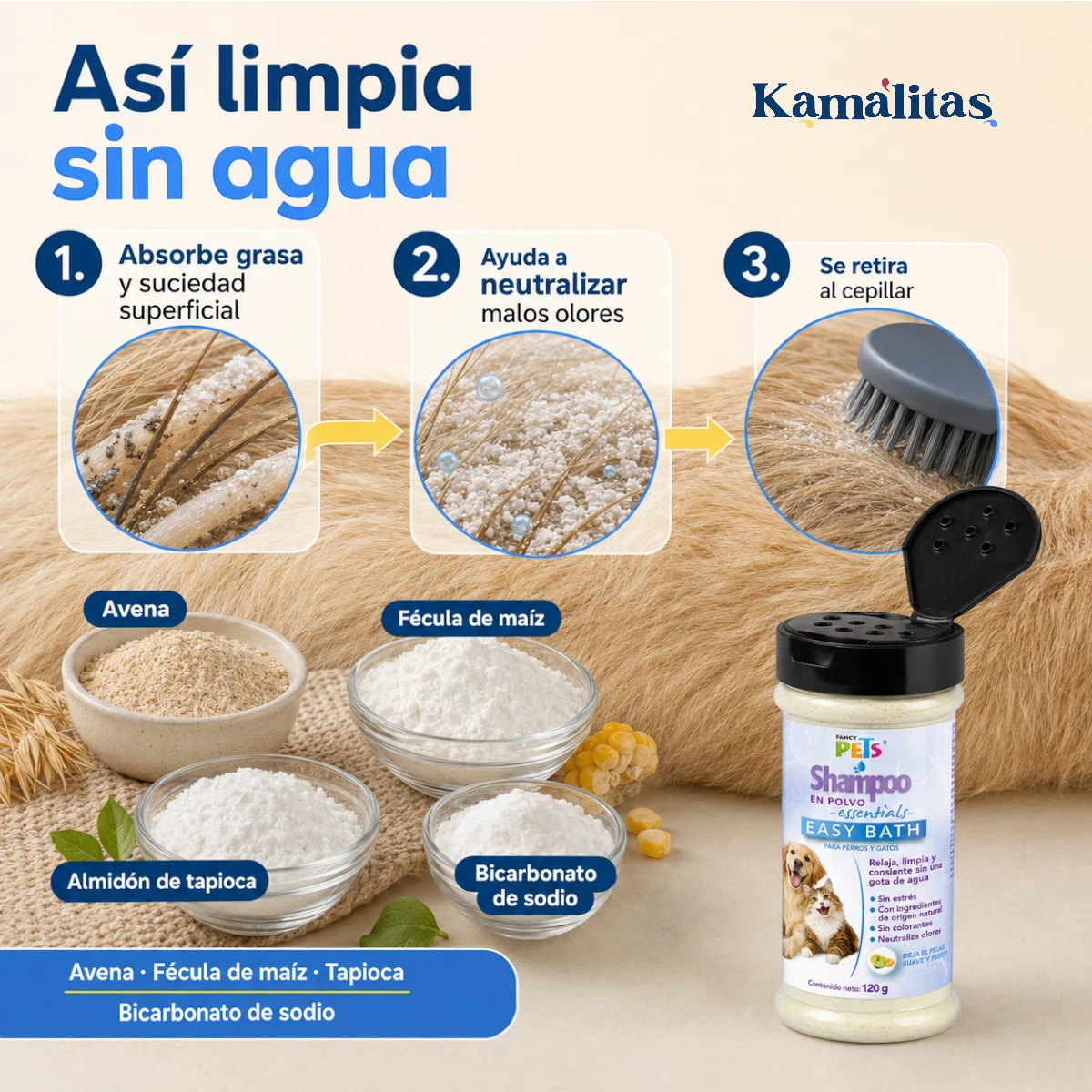 El shampoo en polvo easy bath absorbe la grasa y suciedad y neutraliza olores