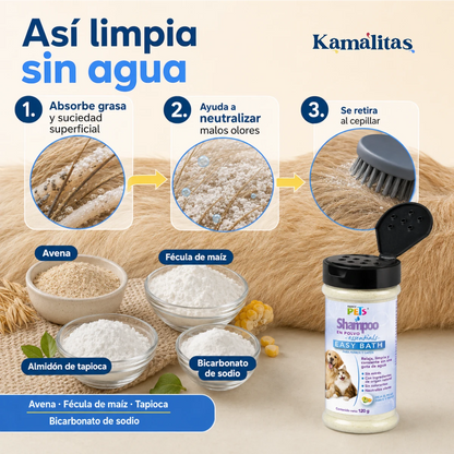 El shampoo en polvo easy bath absorbe la grasa y suciedad y neutraliza olores