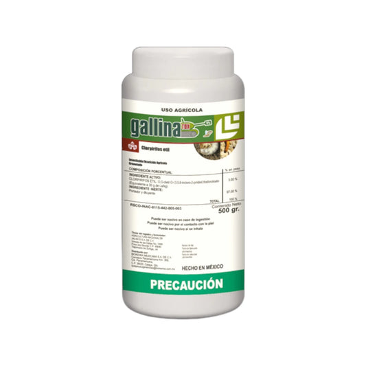 Envase de GallinaTox insecticida agrícola granulado con Clorpirifos Etil al 3% para control de gallina ciega, gusano trozador y diabrótica en cultivos de maíz y sorgo.
