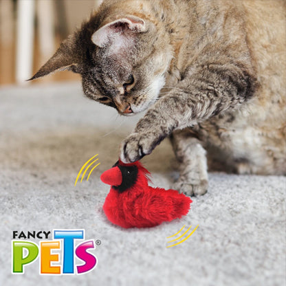 Gato gris acechando y jugando con el cardenal rojo, demostrando el tamaño y el estímulo del instinto de caza.