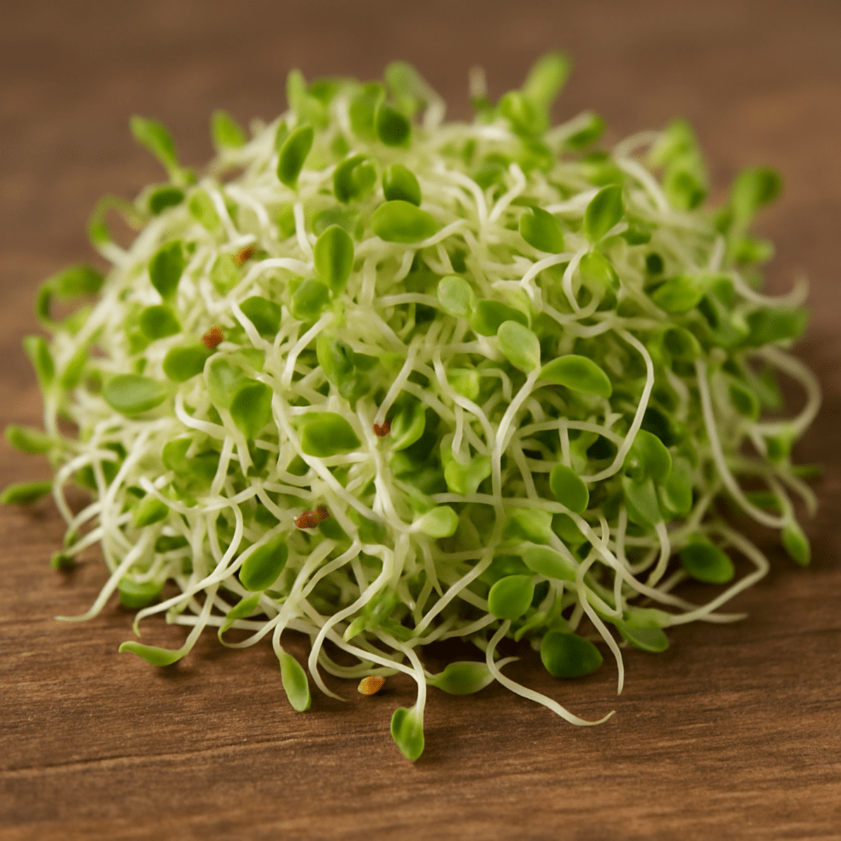 Brotes verdes de alfalfa listos para consumo, ideales para ensaladas, sándwiches o wraps saludables.