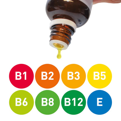 Detalle del gotero de Beaphar Multi-Vit mostrando las vitaminas B1, B2, B12 y Vitamina E esenciales para la salud canina.