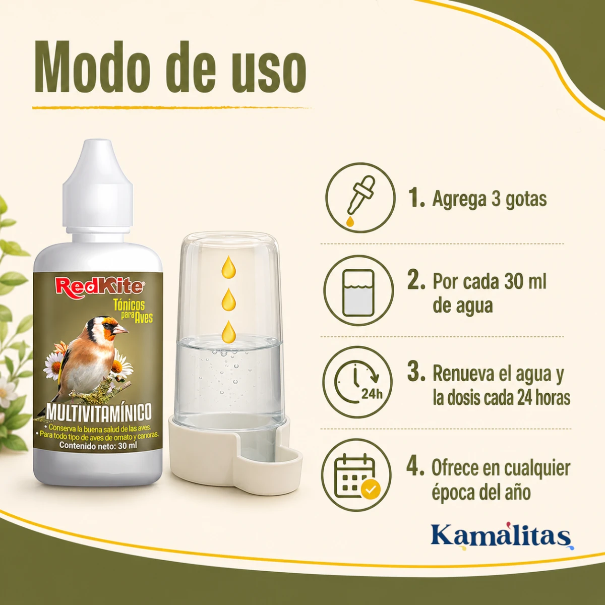 Modo de uso del Tónico Multivitamínico RedKite en el agua de bebida de las aves