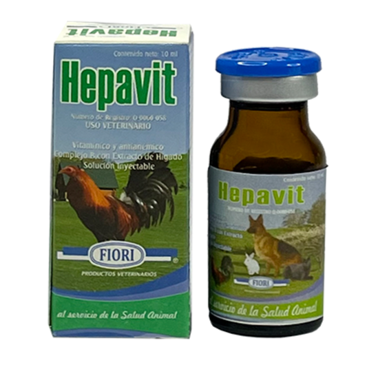 Fotografía de Hepavit inyectable, un suplemento vitamínico y antianémico para mascotas y animales de granja, ideal para tratar anemia y recuperar la energía.