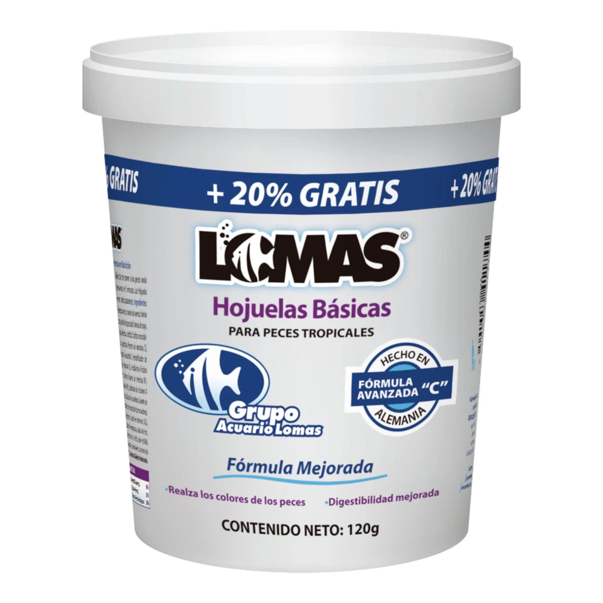 Alimento básico para peces tropicales marca Lomas de 120g, fortalece el sistema inmune y realza los colores de tetras y guppys.