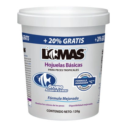 Alimento básico para peces tropicales marca Lomas de 120g, fortalece el sistema inmune y realza los colores de tetras y guppys.