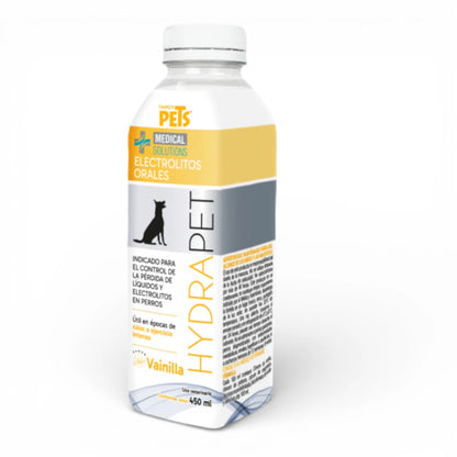 Botella de suero oral Hydrapet sabor vainilla de 450ml, solución médica para el control de pérdida de líquidos en perros.