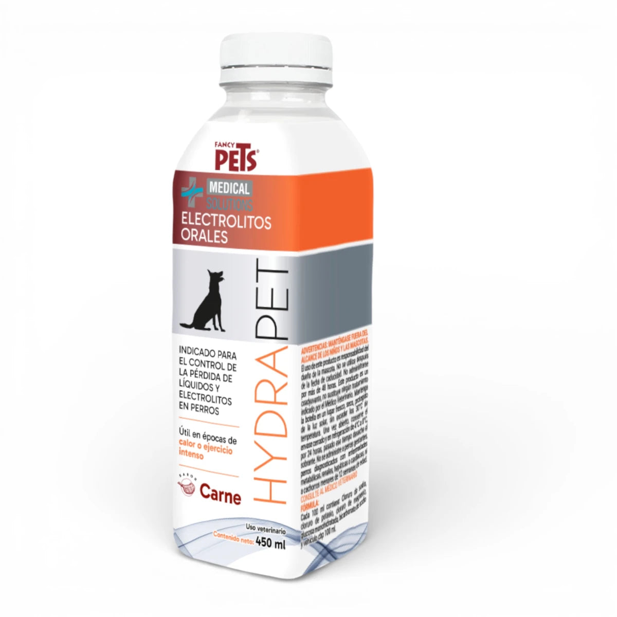 Envase de electrolitos orales Hydrapet sabor carne para perros, ideal para épocas de calor o ejercicio físico intenso.
