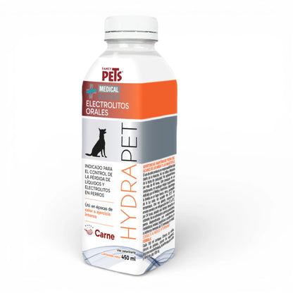 Envase de electrolitos orales Hydrapet sabor carne para perros, ideal para épocas de calor o ejercicio físico intenso.
