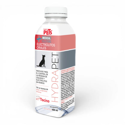 Bebida rehidratante Hydrapet sabor tocino de 450ml para reponer rápidamente los electrolitos perdidos en perros adultos y cachorros.