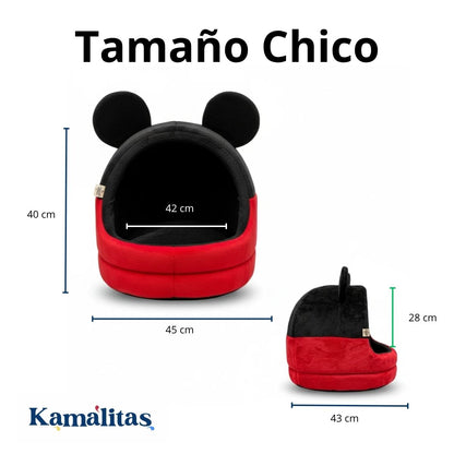Refugio tipo iglú rojo y negro en vistas frontal y lateral, con una gráfica rotulada “Tamaño Chico ” y medidas señaladas.