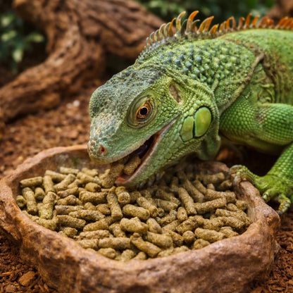 Iguana verde disfrutando de su alimento sunny