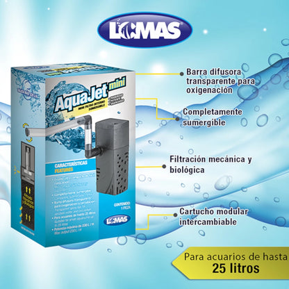 características del filtro sumergible AquaJet Mini, destacando su facilidad de mantenimiento para filtración biológica y mecánica.