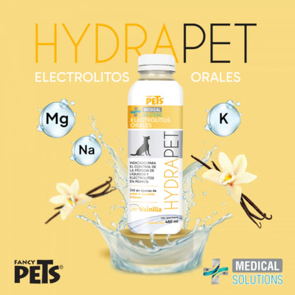 Gráfico informativo de Hydrapet resaltando el aporte de Magnesio, Sodio y Potasio para la salud y recuperación energética del perro.