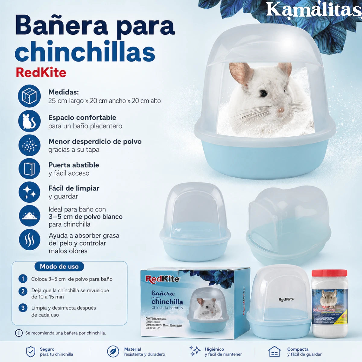 Infografía de bañera para chinchilla RedKite con tapa transparente, puerta abatible, menor desperdicio de polvo y fácil limpieza.