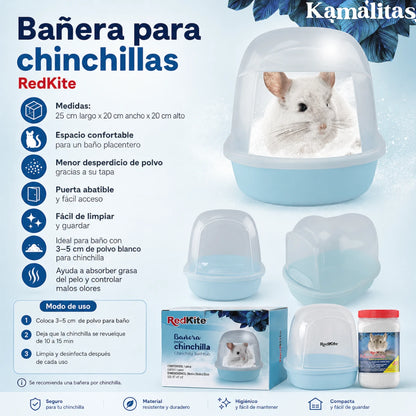 Infografía de bañera para chinchilla RedKite con tapa transparente, puerta abatible, menor desperdicio de polvo y fácil limpieza.