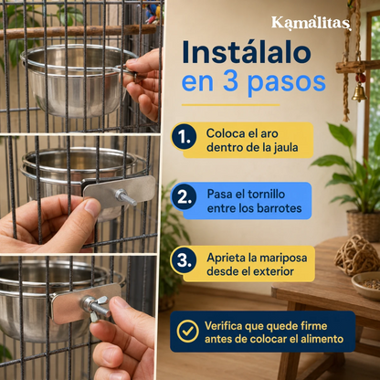 El tazón se instala facilmente somanete ajustando la abrazadera a la jaula