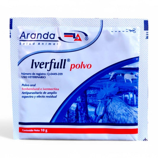 Envase de Iverfull Polvo 10 g, desparasitante oral para aves y cerdos con ivermectina y fenbendazol