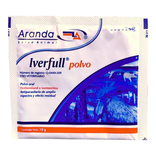 Sobre de 10g de Iverfull del laboratorio Aranda, antiparasitario en polvo de amplio espectro para porcinos y aves de engorda.