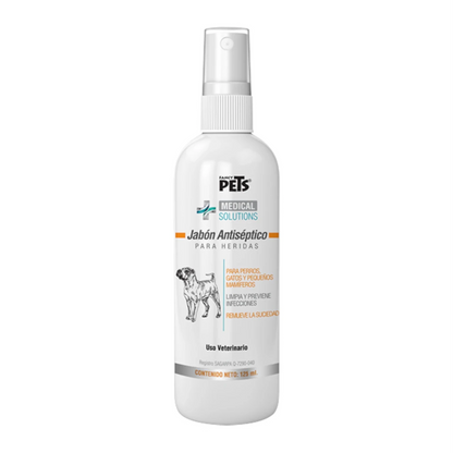 Limpia y desinfecta heridas con el Jabón Antiséptico para perros, gatos y pequeños mamíferos. Con clorhexidina al 2%, sin fragancia. Ideal para botiquín veterinario 