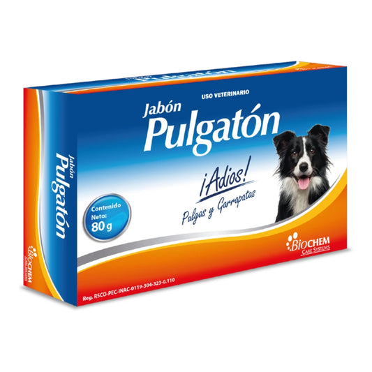 Jabón antipulgas Pulgatón de Biochem 80 g para perros y gatos, con deltametrina, elimina pulgas, garrapatas y piojos, limpia y protege el pelaje