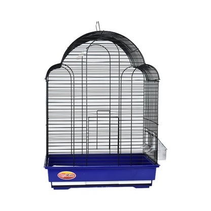 Jaula Ginebra color azul con rejilla negra, vista frontal completa para aves pequeñas y medianas.