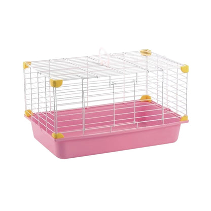 Jaula transportadora ligera color rosa de 45x30x25 cm para conejos y cuyos con puerta de rejilla metálica y asa superior.