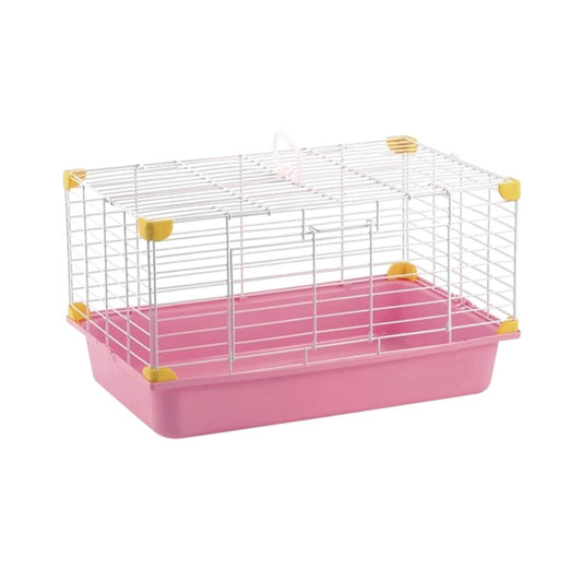 Jaula transportadora ligera color rosa de 45x30x25 cm para conejos y cuyos con puerta de rejilla metálica y asa superior.