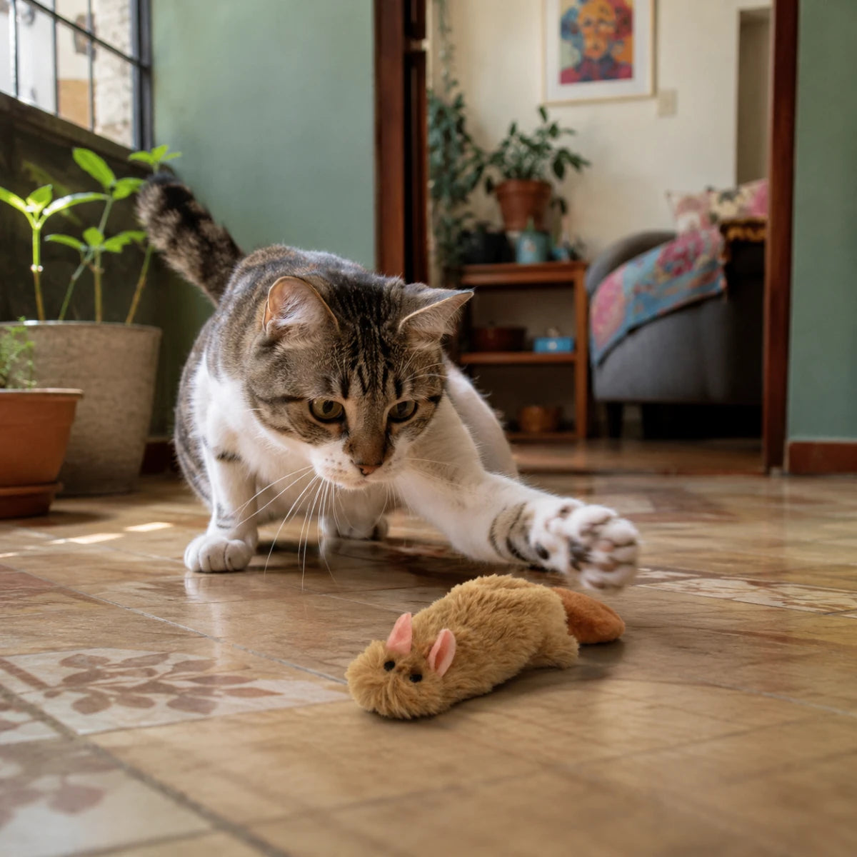 Gato jugando a cazar un peluche de ardilla con catnip dentro de una casa de clase media mexicana.