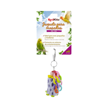 Juguete colgante RedKite con piedra de calcio y cadenas de colores, ideal para aves pequeñas y medianas.