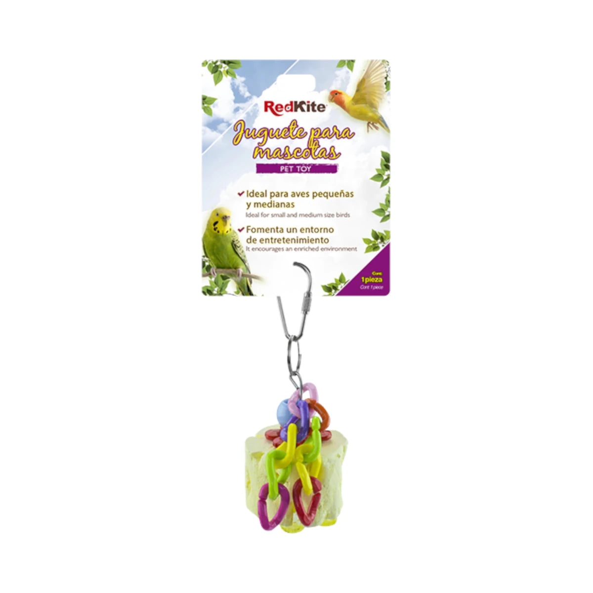 Juguete colgante con calcio para aves pequeñas y medianas en empaque original RedKite, ideal para entretenimiento y salud del pico.