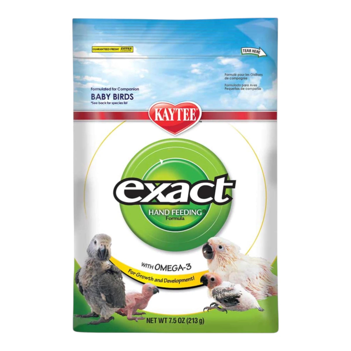 Envase de papilla Kaytee Exact Hand Feeding Formula para alimentación a mano de aves bebé y psitácidos.