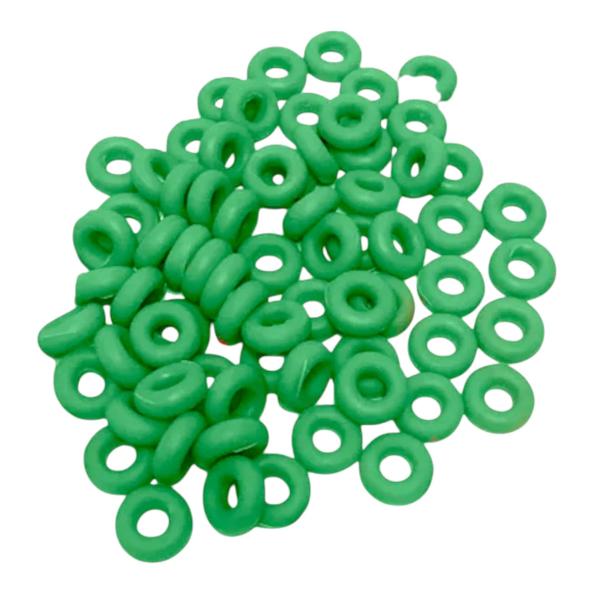 Ligas verdes para descolar borregos, hechas de látex resistente para uso con pinza descoladora en manejo ovino.