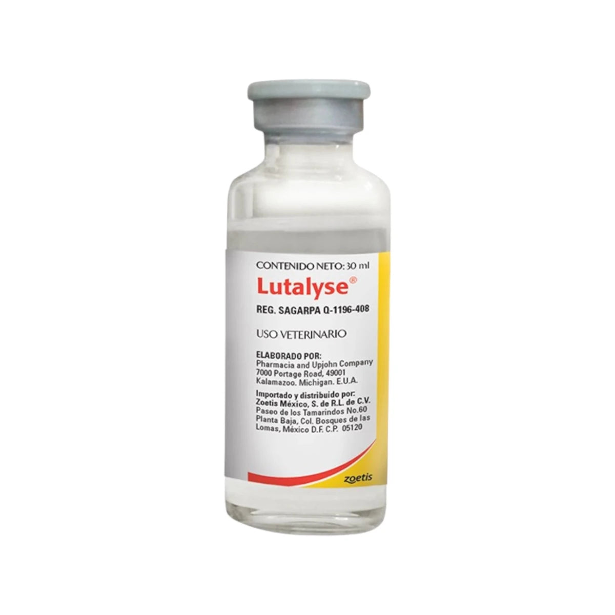 Frasco de Lutalyse de 30 ml, medicamento inyectable para manejo reproductivo en vacas, caballos y cerdos