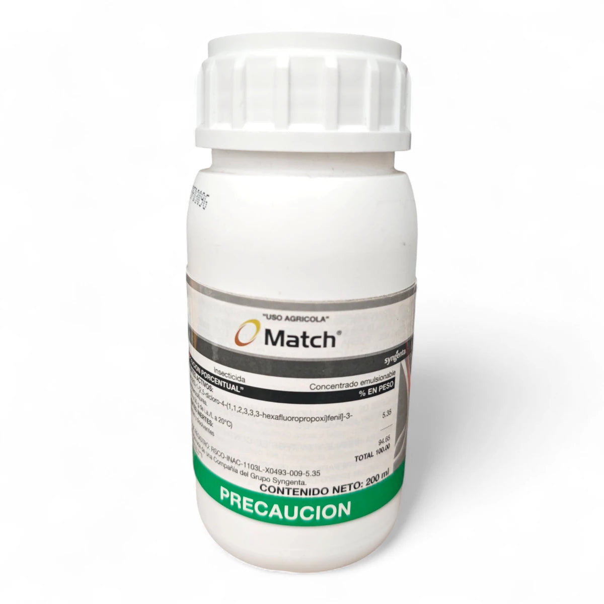 Envase de Match insecticida agrícola con Lufenuron, inhibidor de la muda para control del gusano cogollero en cultivos de maíz y sorgo.