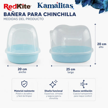 Bañera para chinchilla RedKite con medidas de 25 cm de largo, 20 cm de ancho y 20 cm de alto, con tapa transparente y base azul.
