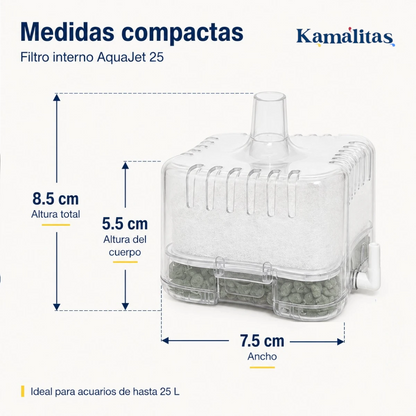 Medidas de altura y ancho del filtro interno Aquajet 25