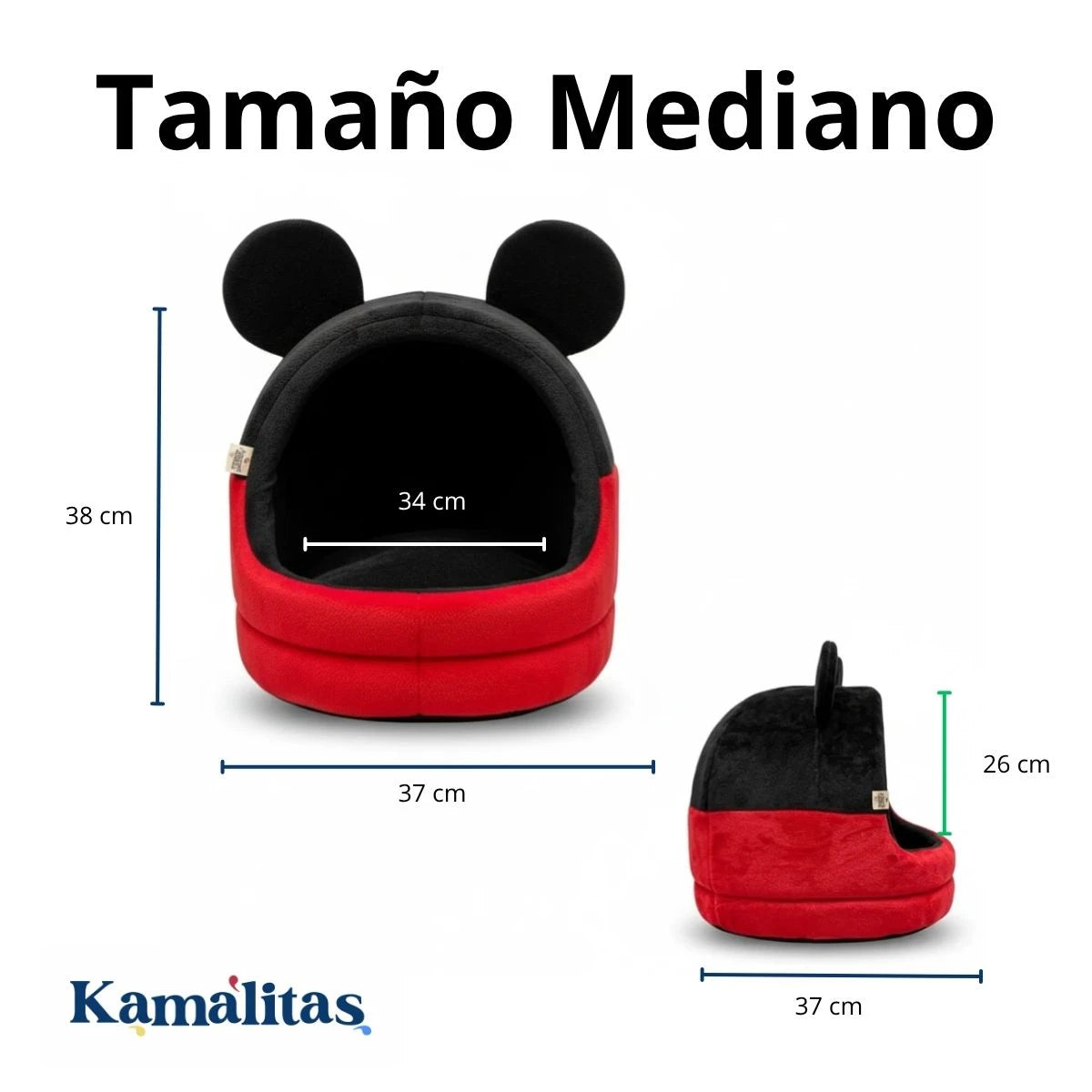 Refugio tipo iglú rojo y negro en vistas frontal y lateral, con una gráfica rotulada “Tamaño Mediano” y medidas señaladas.