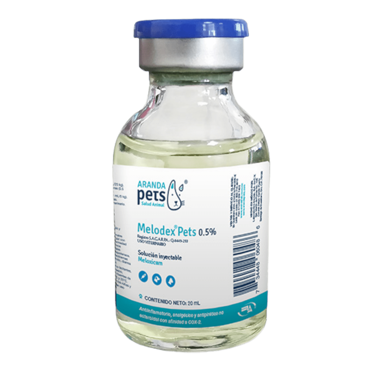 Frasco de vidrio de Melodex Pets 0.5%, antiinflamatorio inyectable para perros y gatos, ideal para tratar dolor, fiebre e inflamación.