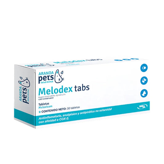 Imagen de la caja de Melodex Tabletas, medicamento antiinflamatorio y analgésico para perros, gatos y caballos, utilizado para tratar dolor y fiebre.