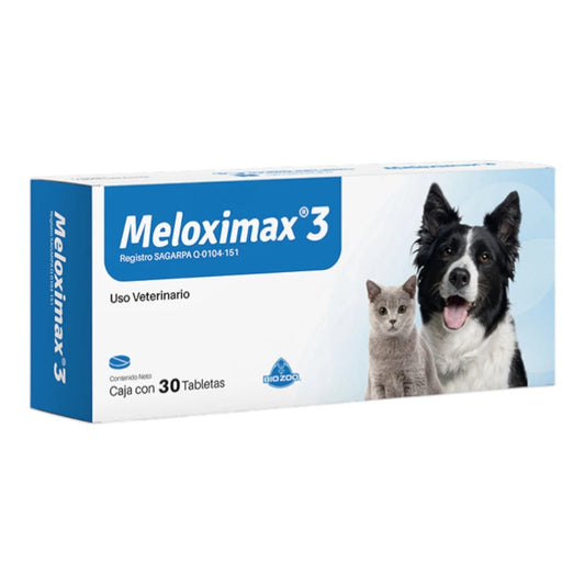 Caja de Meloximax 3 mg con 30 tabletas, analgésico y antiinflamatorio especializado para perros de razas grandes con problemas de movilidad o dolor.