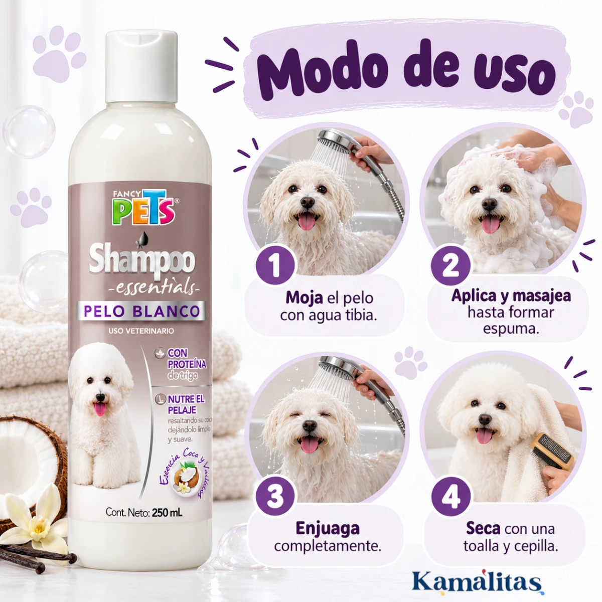 Modo de uso del Shampoo Fancy Pets Pelo Blanco: mojar el pelo, aplicar y masajear, enjuagar, secar con toalla y cepillar.