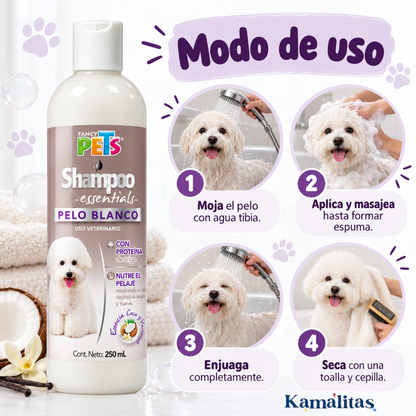 Modo de uso del Shampoo Fancy Pets Pelo Blanco: mojar el pelo, aplicar y masajear, enjuagar, secar con toalla y cepillar.
