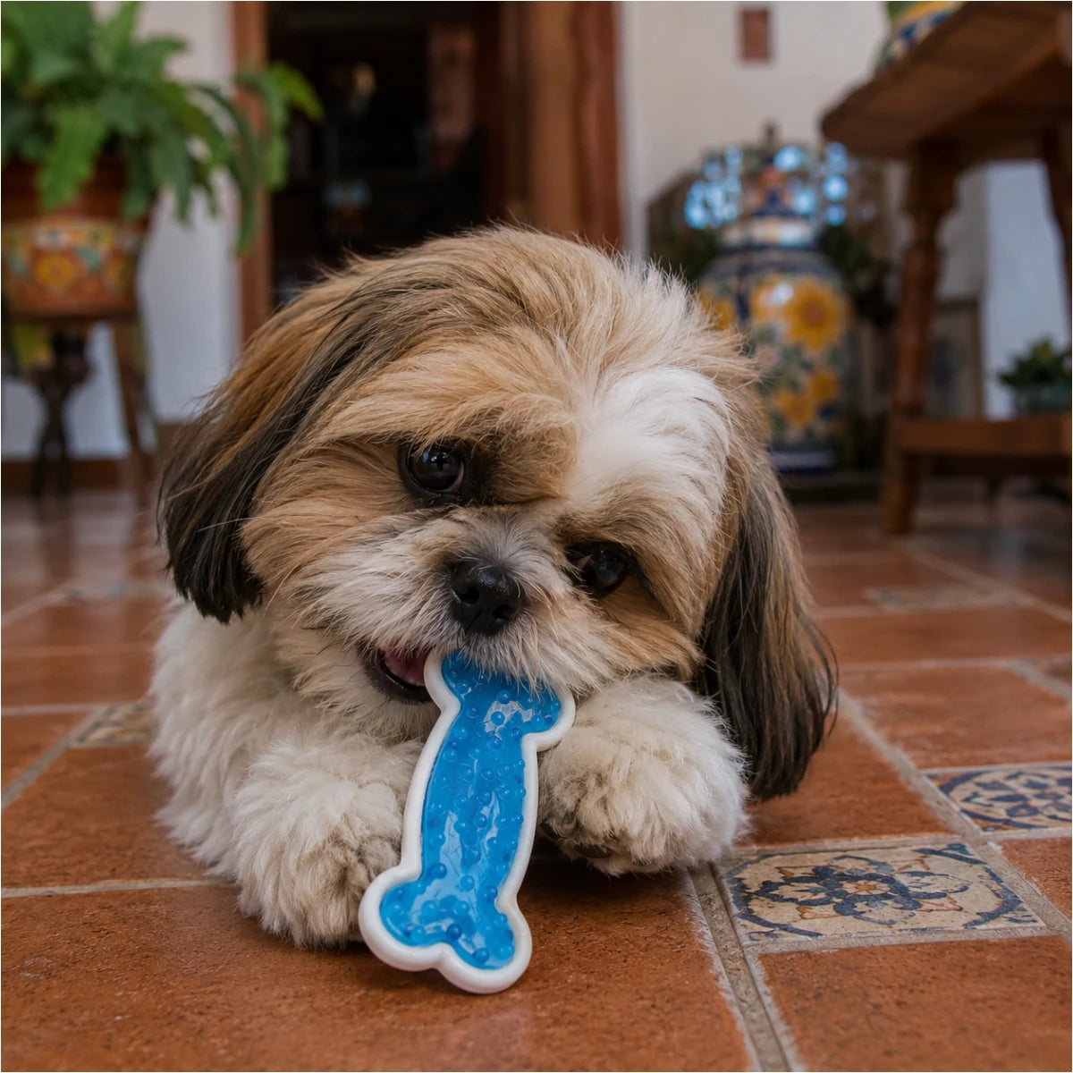 Perrito Shih tzu jugando con su mordedera chewy chums en forma de hueso.