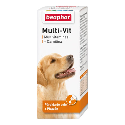Caja de Beaphar Multi-Vit con Carnitina para perros, suplemento para evitar la caída de pelo y picazón en presentación de 50ml.