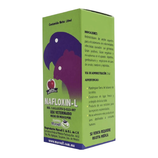 Caja original de Nafloxin-L Marvell 20ml, antimicrobiano sabor manzana para tratamiento de infecciones en aves de ornato, roedores y conejos.
