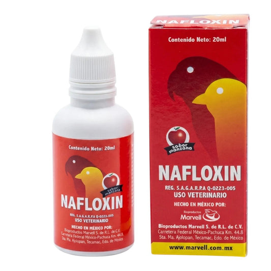 Caja original de Nafloxin Marvell 20ml, antimicrobiano sabor manzana para el tratamiento de infecciones respiratorias y digestivas en aves de ornato.